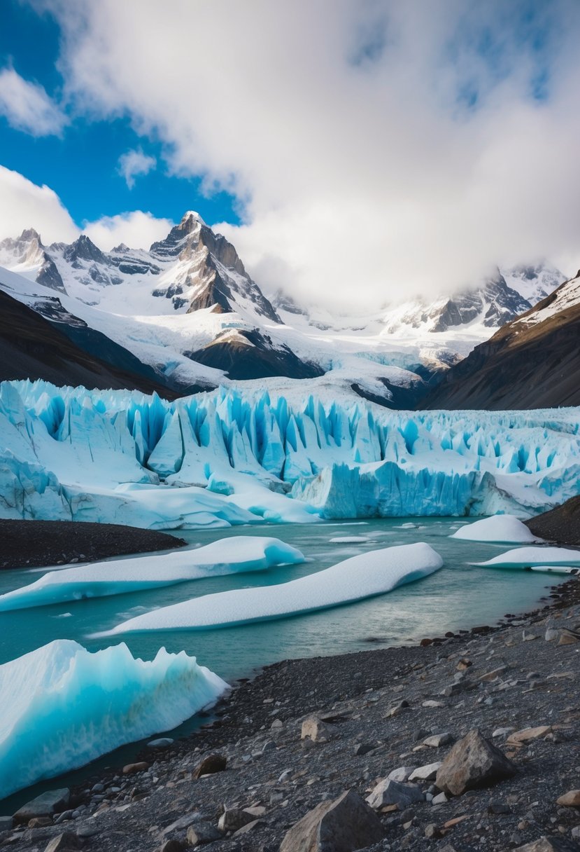 Snow-covered mountains and icy blue glaciers in Patagonia, Chile