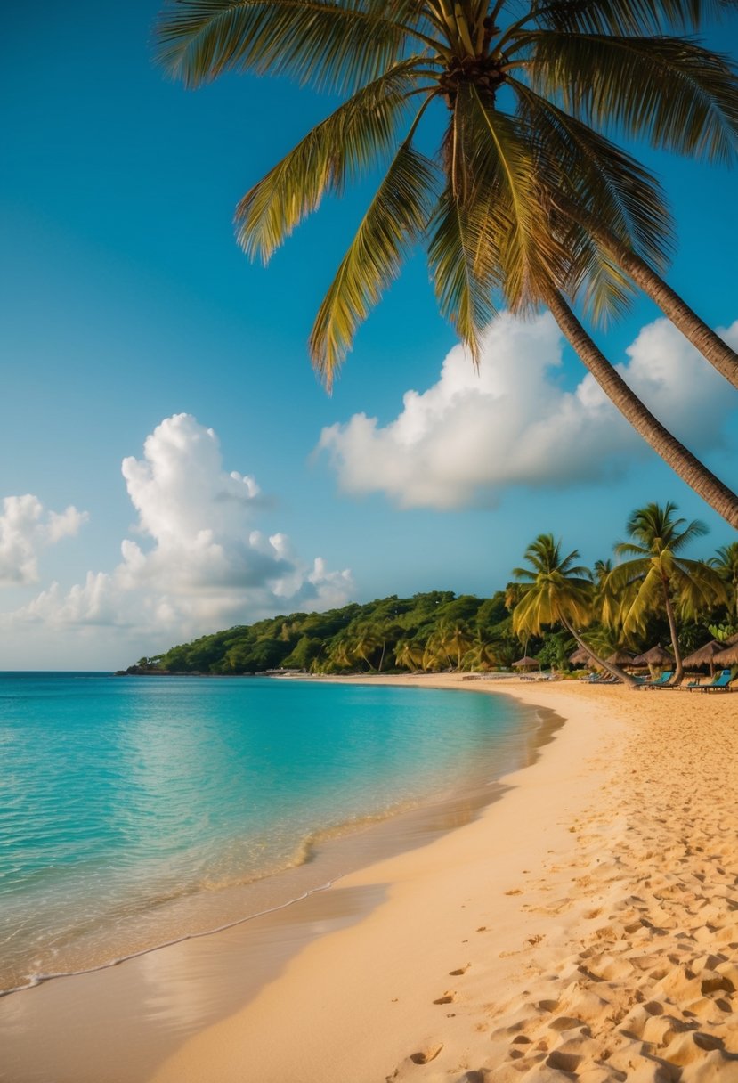 A serene beach at Spice Island Beach Resort in Grenada, with palm trees, clear blue waters, and a golden sandy shore