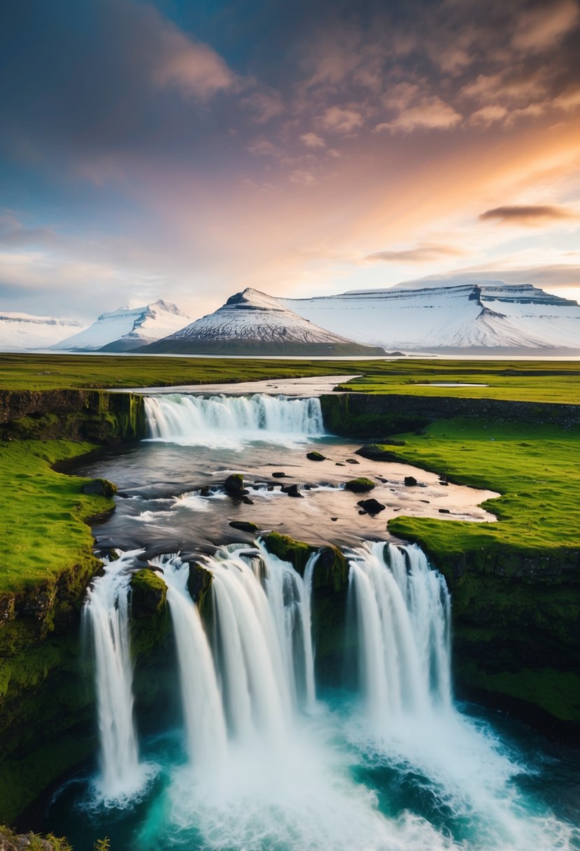 Lush green landscape with cascading waterfalls and a backdrop of snow-capped mountains under a colorful sky in Reykjavik, Iceland