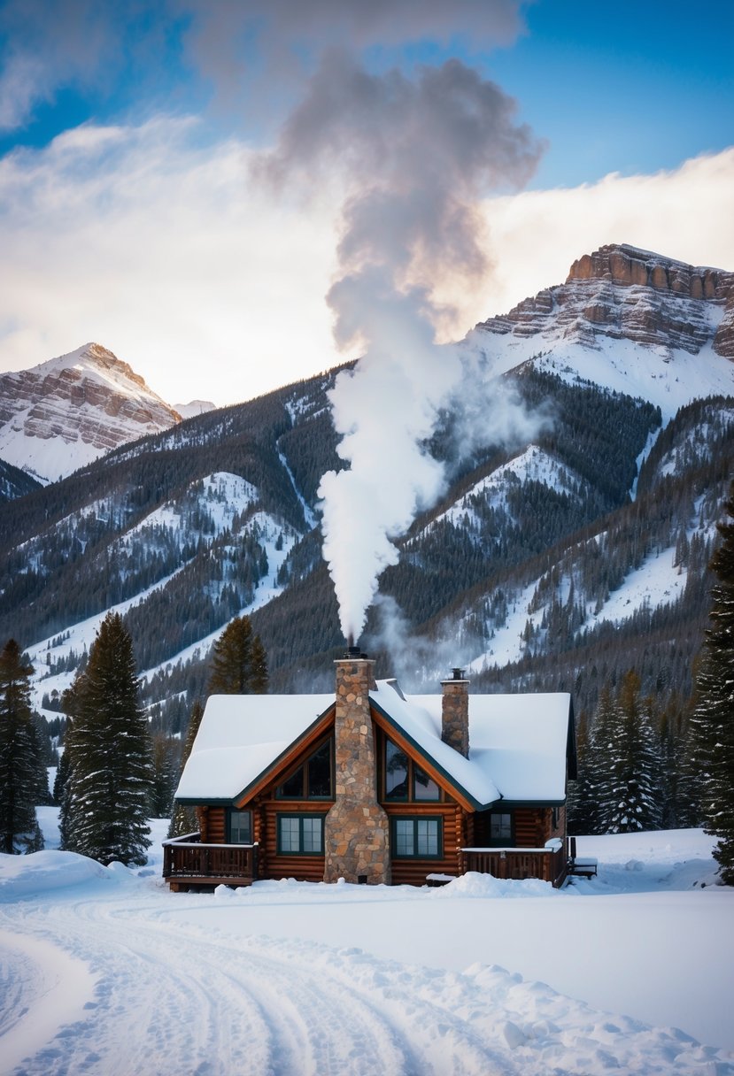 Snow-covered mountains surround a cozy cabin with smoke rising from the chimney in Aspen, Colorado