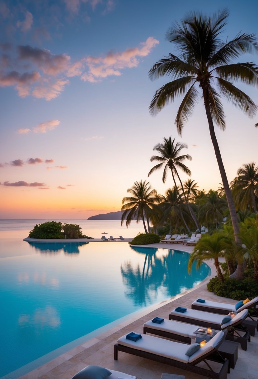 A luxurious beachfront resort on the island of Nevis, with palm trees, crystal-clear waters, and a stunning sunset