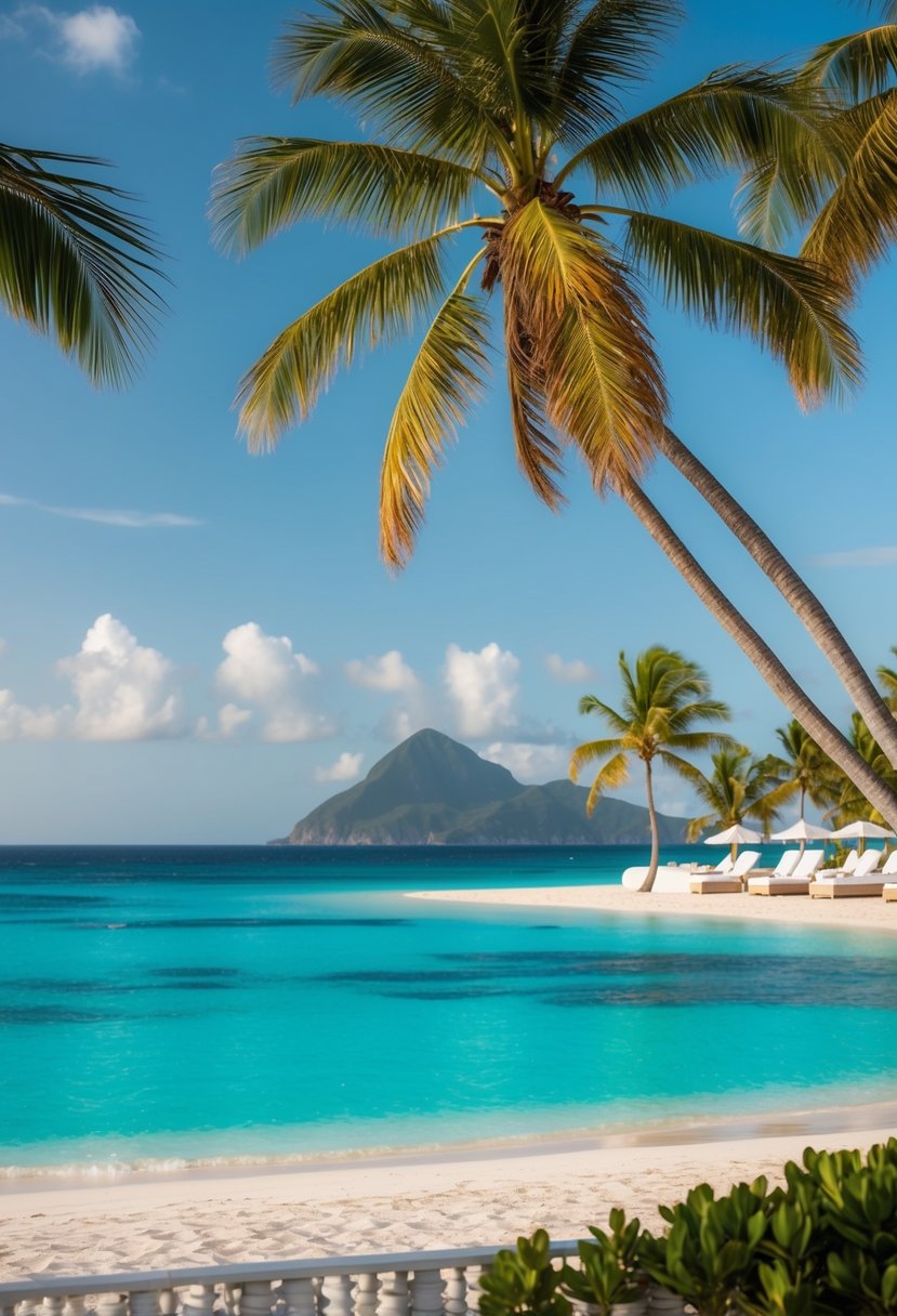 A serene beach at St. Bart's Le Toiny with palm trees, turquoise waters, and a secluded luxury resort