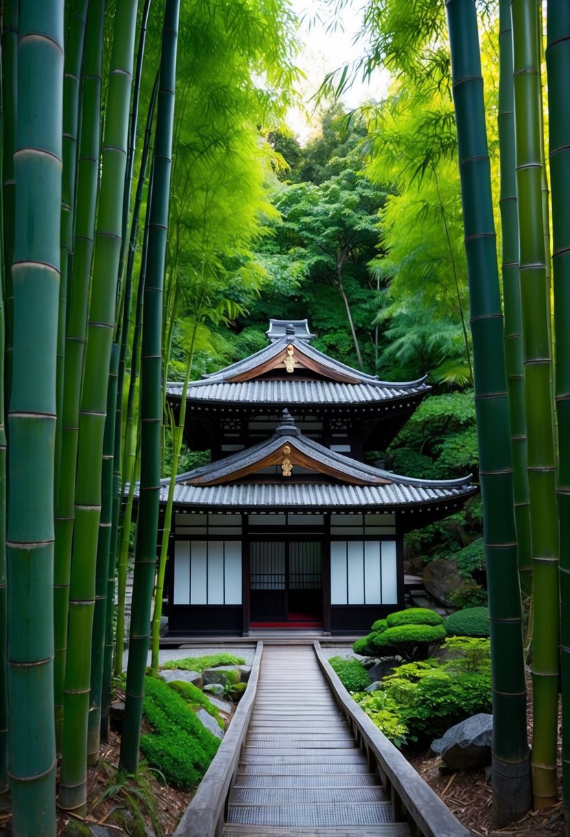 A serene bamboo forest with a traditional Japanese tea house nestled among the vibrant greenery of Kyoto, Japan