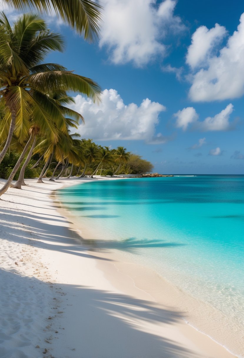 A serene beach with pristine white sand, crystal clear turquoise water, and lush green palm trees lining the shore at Anguilla's Cap Juluca, A Belmond Hotel