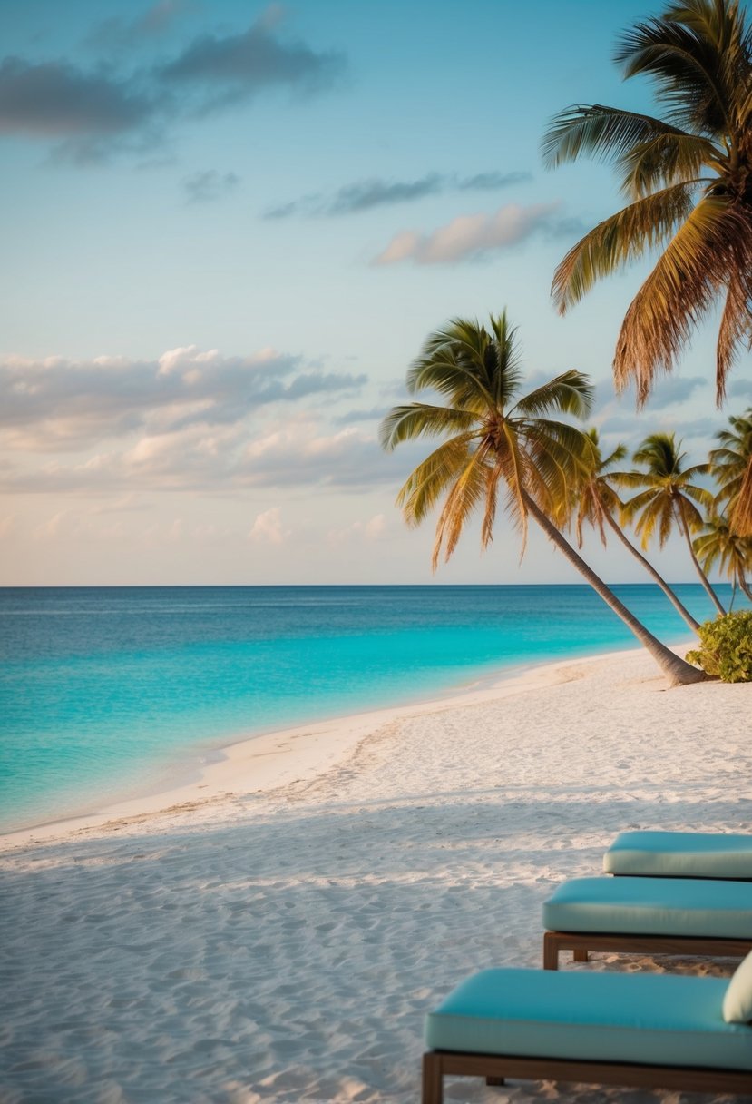 A tranquil beach at Bucuti & Tara Resort, with palm trees, white sand, and turquoise waters stretching to the horizon