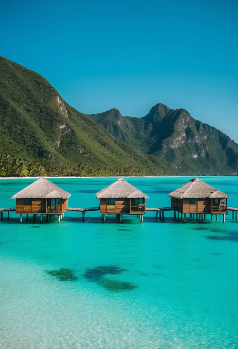 Crystal-clear turquoise waters surround overwater bungalows on stilts, nestled against lush green mountains under a clear blue sky