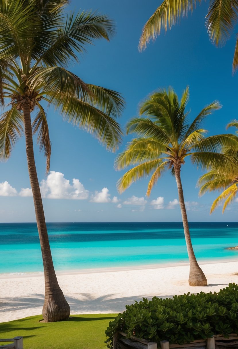 A luxurious beachfront resort with palm trees, turquoise waters, and a pristine white sand beach on the island of Canouan in the Caribbean