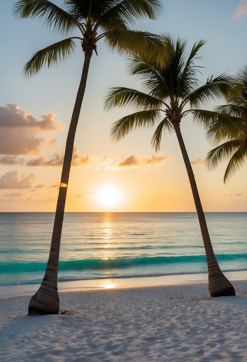 The sun sets over the pristine white sand beach, with palm trees swaying gently in the warm Caribbean breeze. The turquoise waters of Dorado Beach glisten in the fading light
