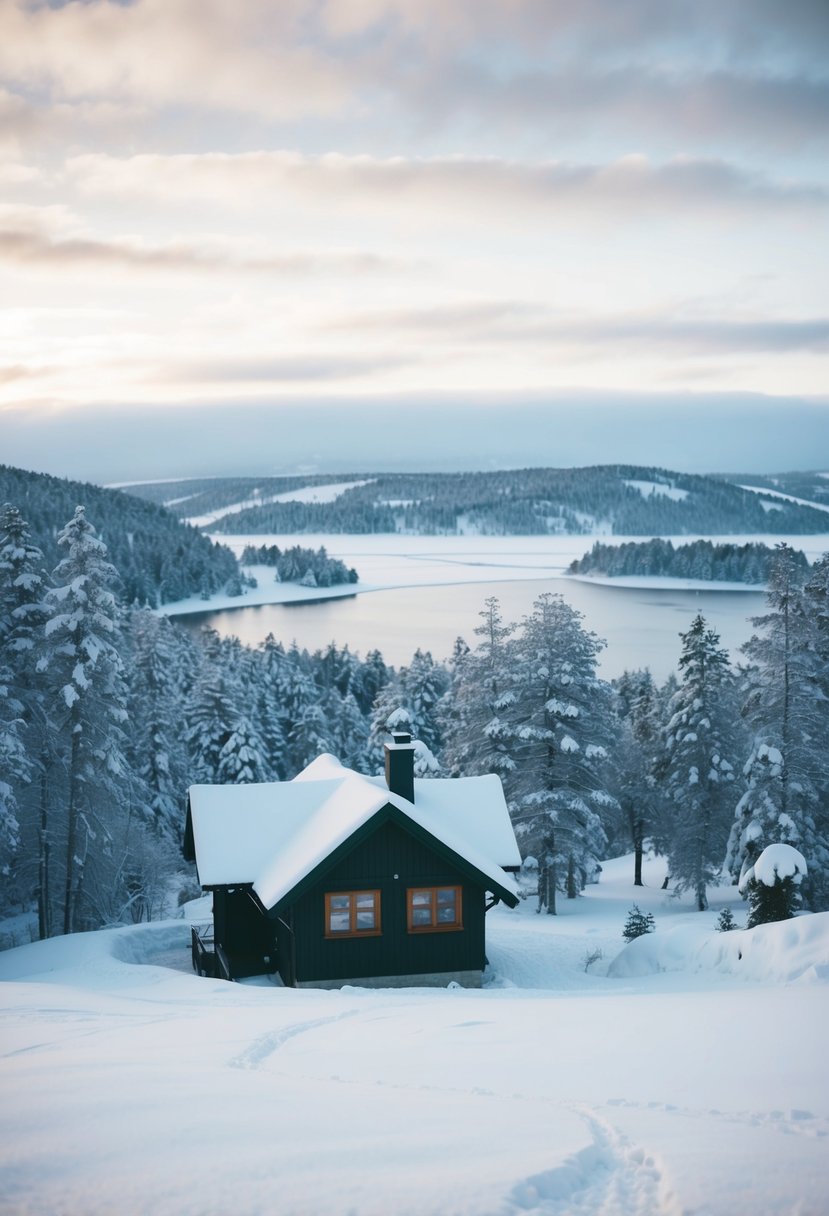 A snowy, serene landscape in Åre, Sweden. A cozy cabin nestled among the snow-covered trees, with a frozen lake in the distance