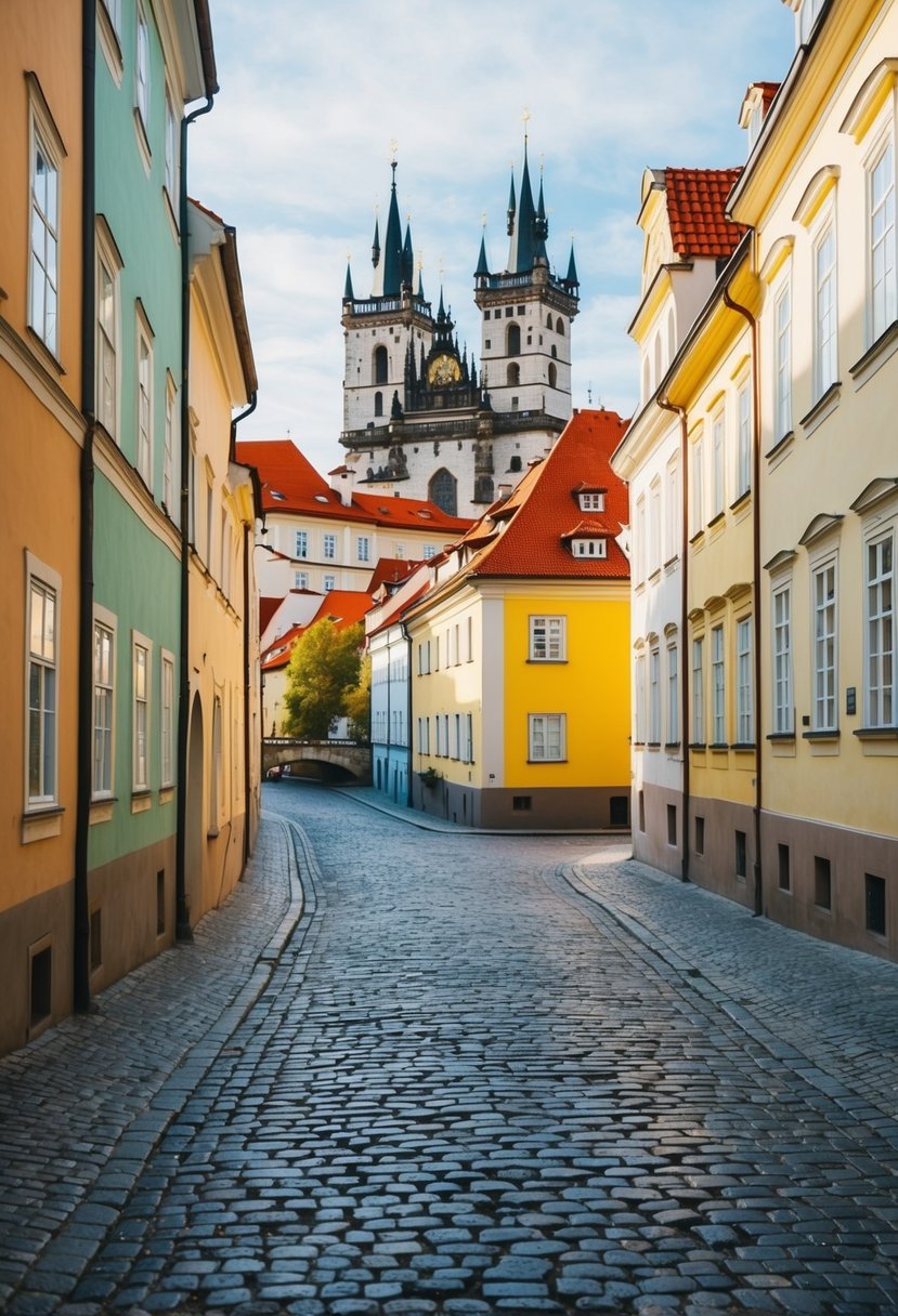A cobblestone street winds through colorful historic buildings in Prague, Czech Republic. A castle looms in the background, with a river flowing nearby