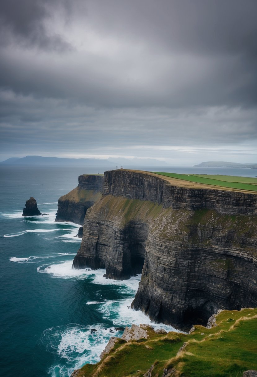 A rugged coastline with cliffs and crashing waves under a gray sky on the Dingle Peninsula, Ireland