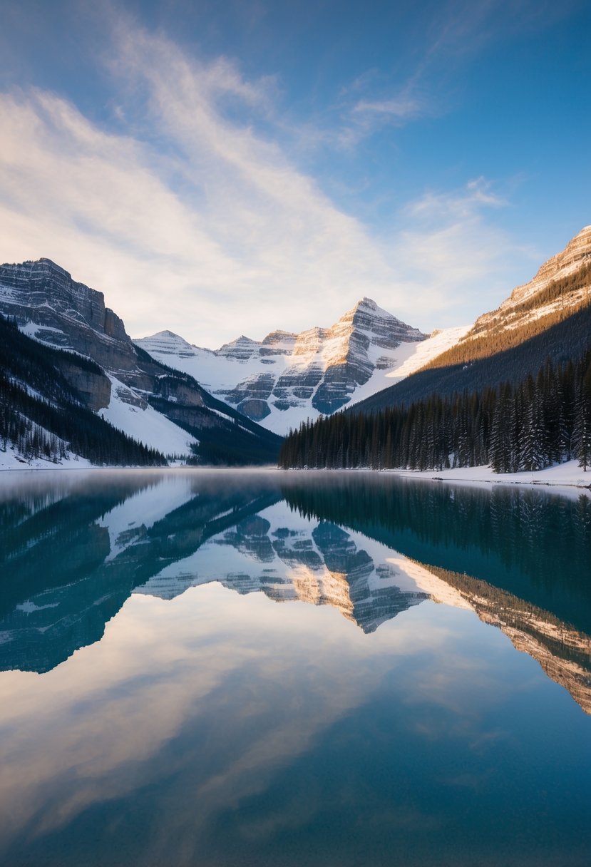 A serene lake surrounded by snow-capped mountains in Lake Louise, Alberta, Canada