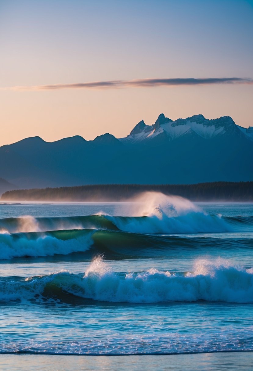 A serene beach at sunset with misty mountains in the background, waves crashing against the shore in Tofino, British Columbia