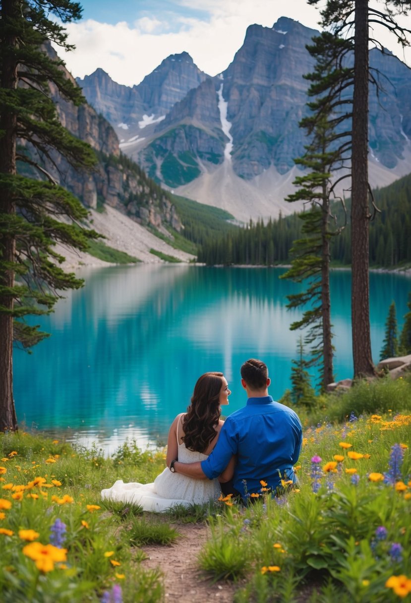A couple sits by a tranquil mountain lake, surrounded by vibrant wildflowers and towering pine trees, with the majestic Rocky Mountains in the background