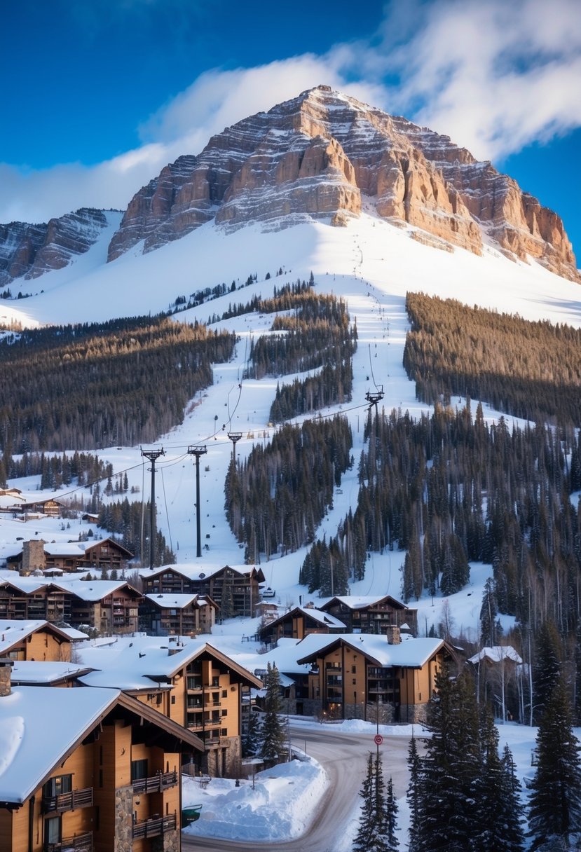 Snow-covered Aspen Mountain with ski trails, chairlifts, and cozy lodges nestled among the trees in the Colorado Rockies