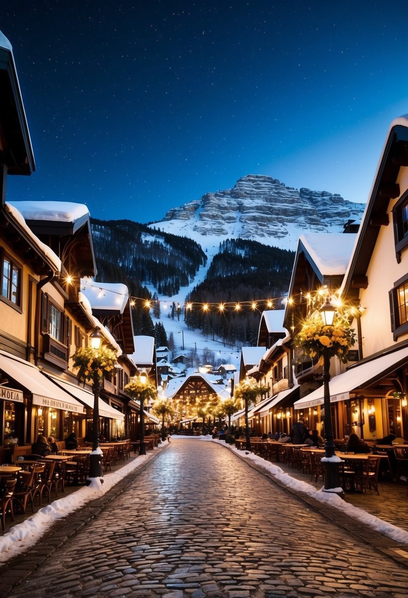 Vail Village's cobblestone streets lined with cozy cafes and twinkling lights, surrounded by snow-capped mountains under a starry sky