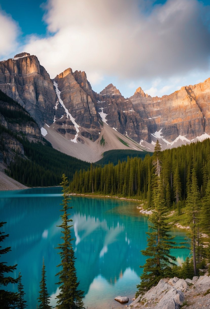 A serene mountain landscape with crystal-clear lakes and lush green forests in Jasper, Alberta, Canada