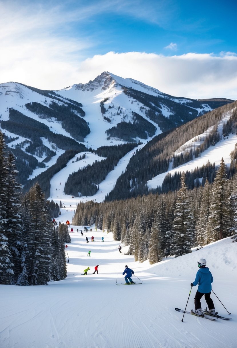 Snow-covered mountains and ski slopes in Breckenridge, Colorado. Skiers and snowboarders enjoying the winter wonderland