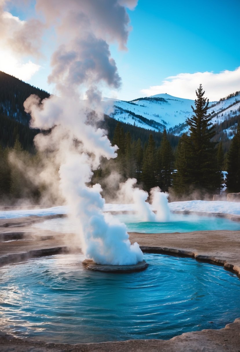 Steam rises from the natural hot springs in Steamboat Springs, Colorado, surrounded by snow-capped mountains and evergreen trees