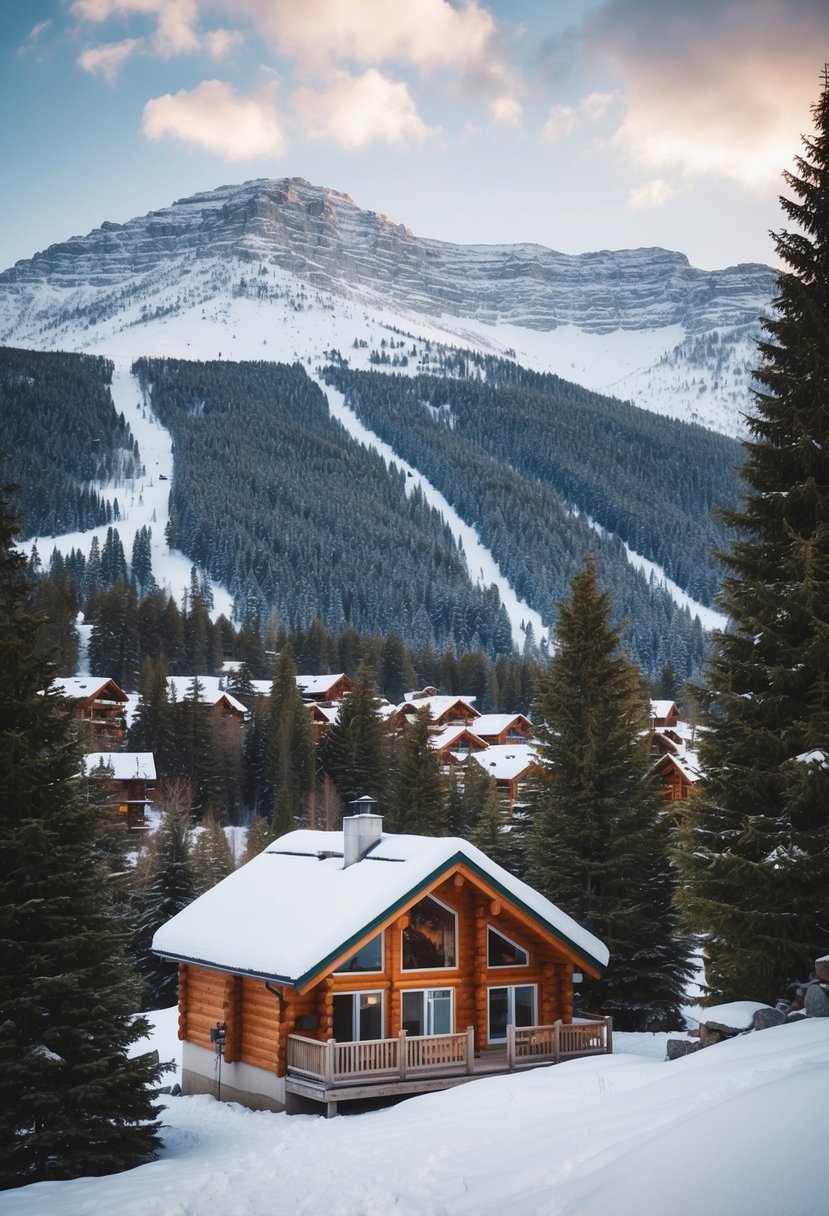 A snowy mountain landscape with cozy cabins nestled among the trees, surrounded by a peaceful and serene atmosphere