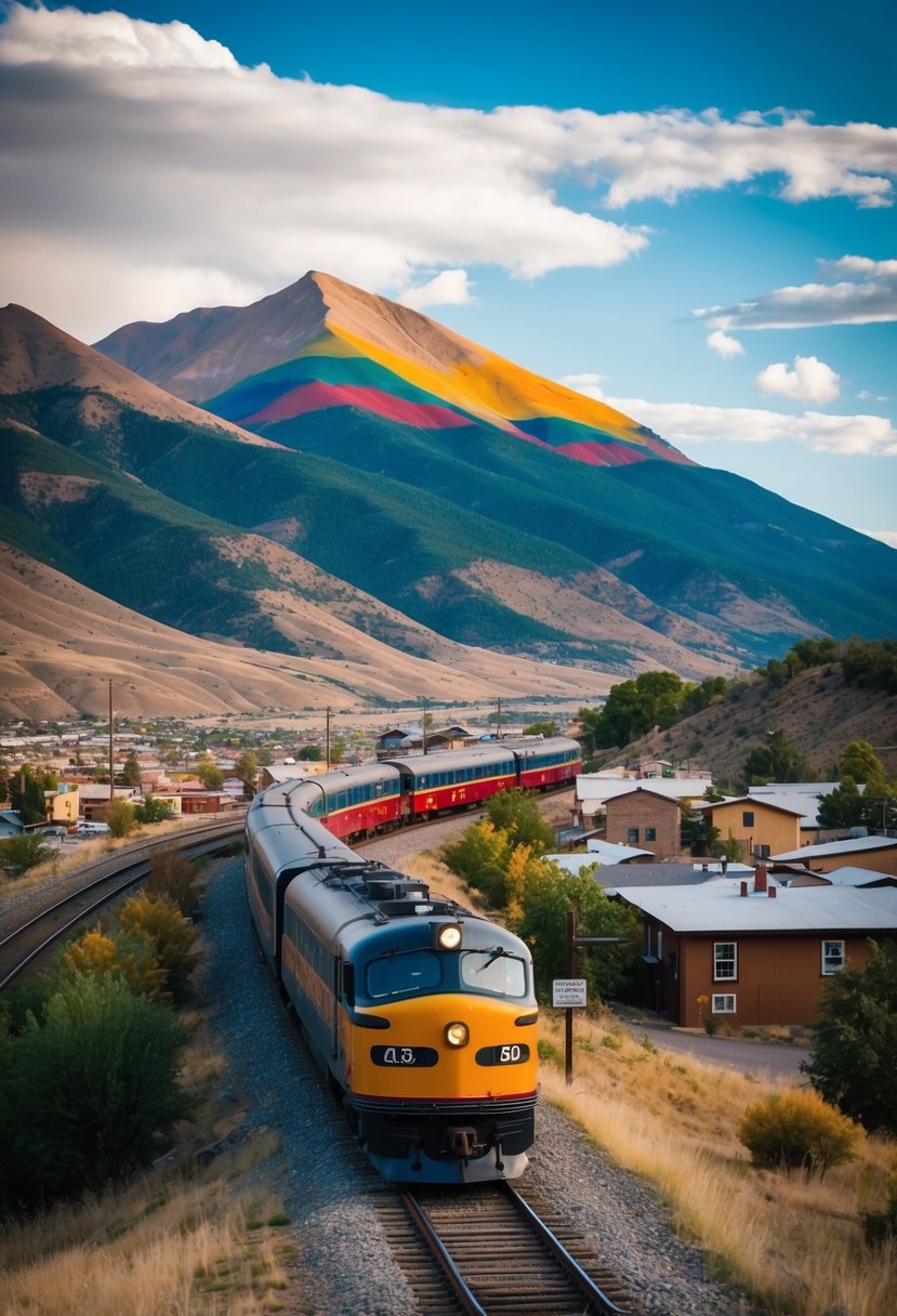 A vintage train winds through the colorful mountains of Durango, Colorado, passing by scenic landscapes and charming small towns