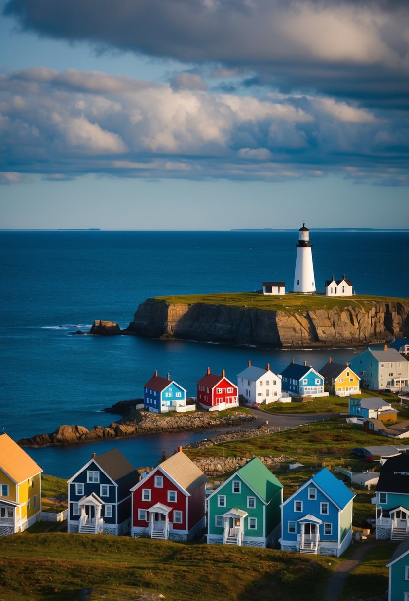 A picturesque coastal view of St. John's, Newfoundland with colorful row houses, rugged cliffs, and a lighthouse overlooking the Atlantic Ocean