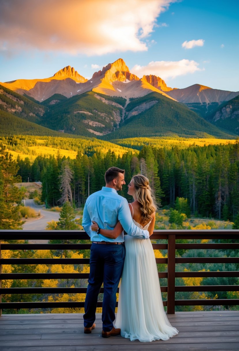A couple stands on a deck overlooking the majestic mountains of Estes Park, Colorado. The vibrant colors of the landscape create a picturesque setting for a honeymoon getaway