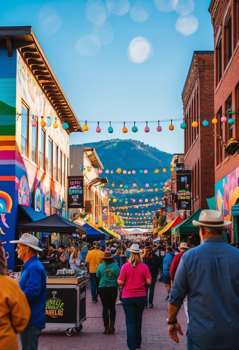 A vibrant street festival in Boulder, Colorado, with live music, art vendors, and colorful murals adorning the buildings