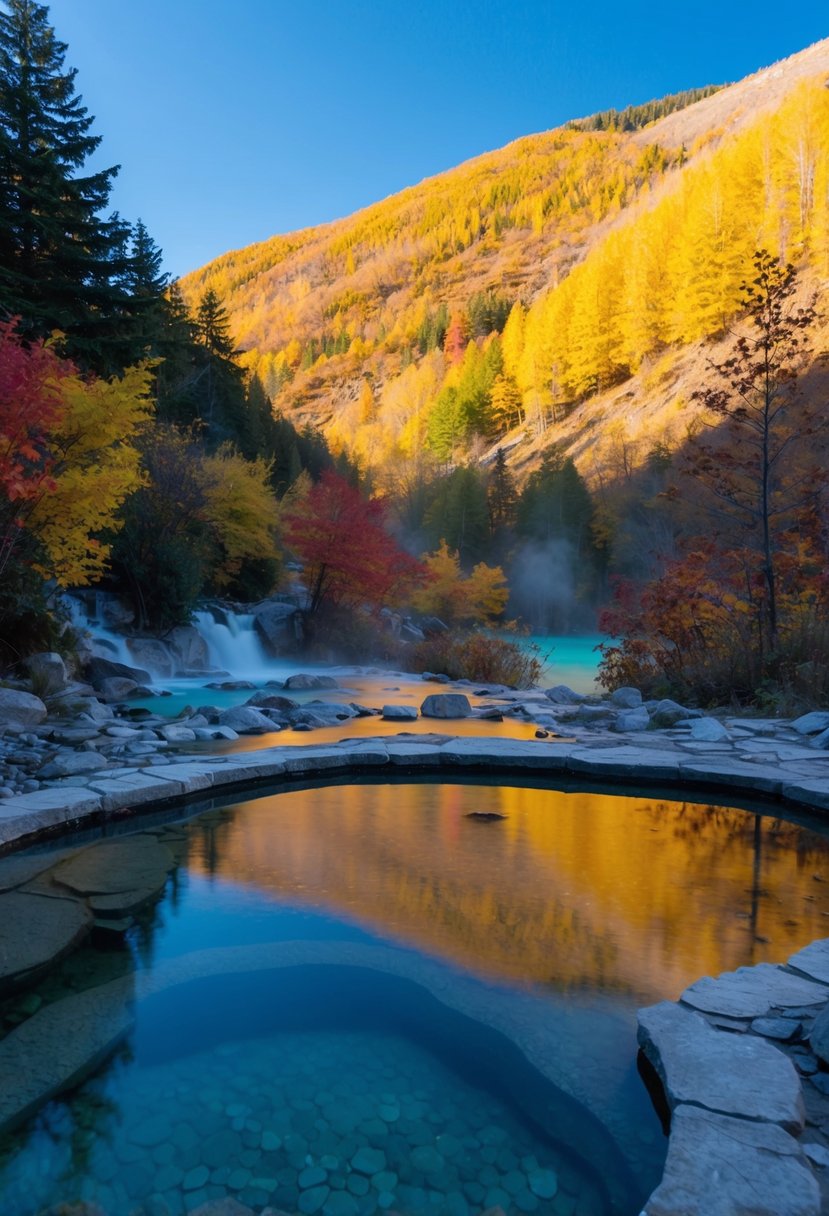 A peaceful hot spring nestled in the mountains, surrounded by vibrant autumn foliage and a clear blue sky