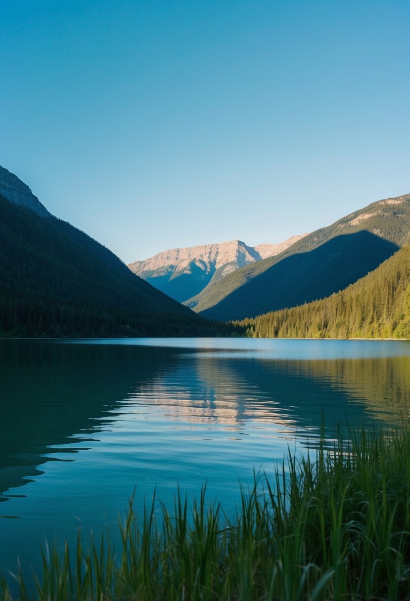 A serene lake surrounded by lush green mountains under a clear blue sky in Kelowna, British Columbia