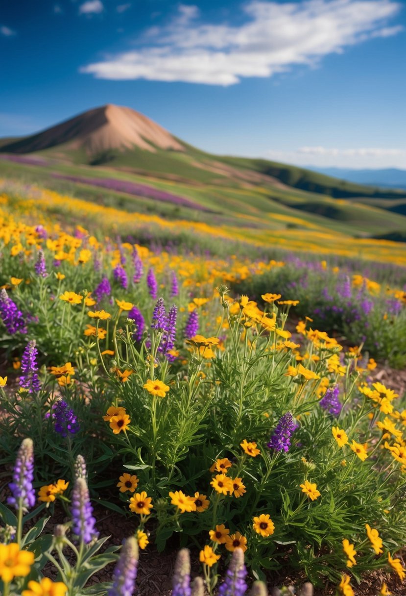 Vibrant wildflowers blanket the rolling hills of Crested Butte, Colorado, creating a colorful and picturesque backdrop for a romantic honeymoon destination
