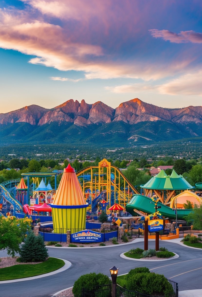 A vibrant scene of Glenwood Springs's Adventure Park with colorful rides and attractions set against the backdrop of the Colorado mountains