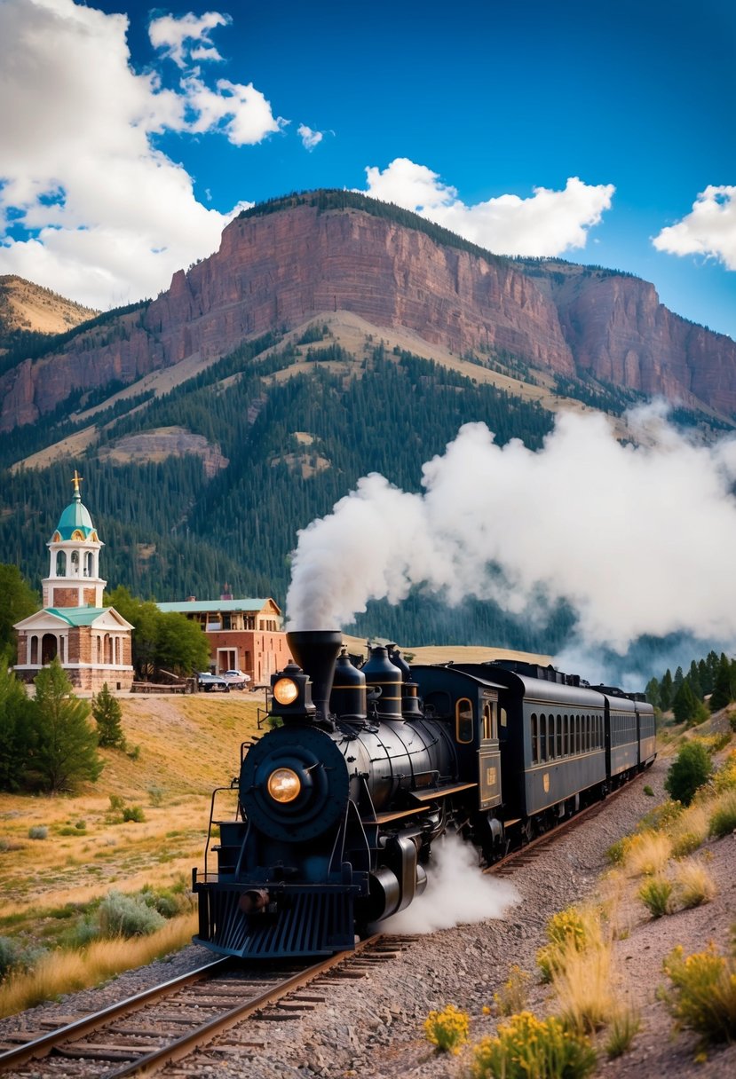 A vintage steam train chugs through the scenic mountains of Silverton, Colorado, passing by historic landmarks and picturesque landscapes