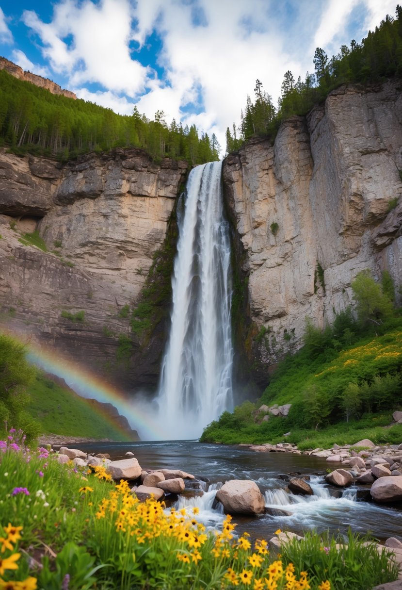 A stunning waterfall cascades down a rocky cliff, surrounded by lush greenery and colorful wildflowers in Ouray, Colorado