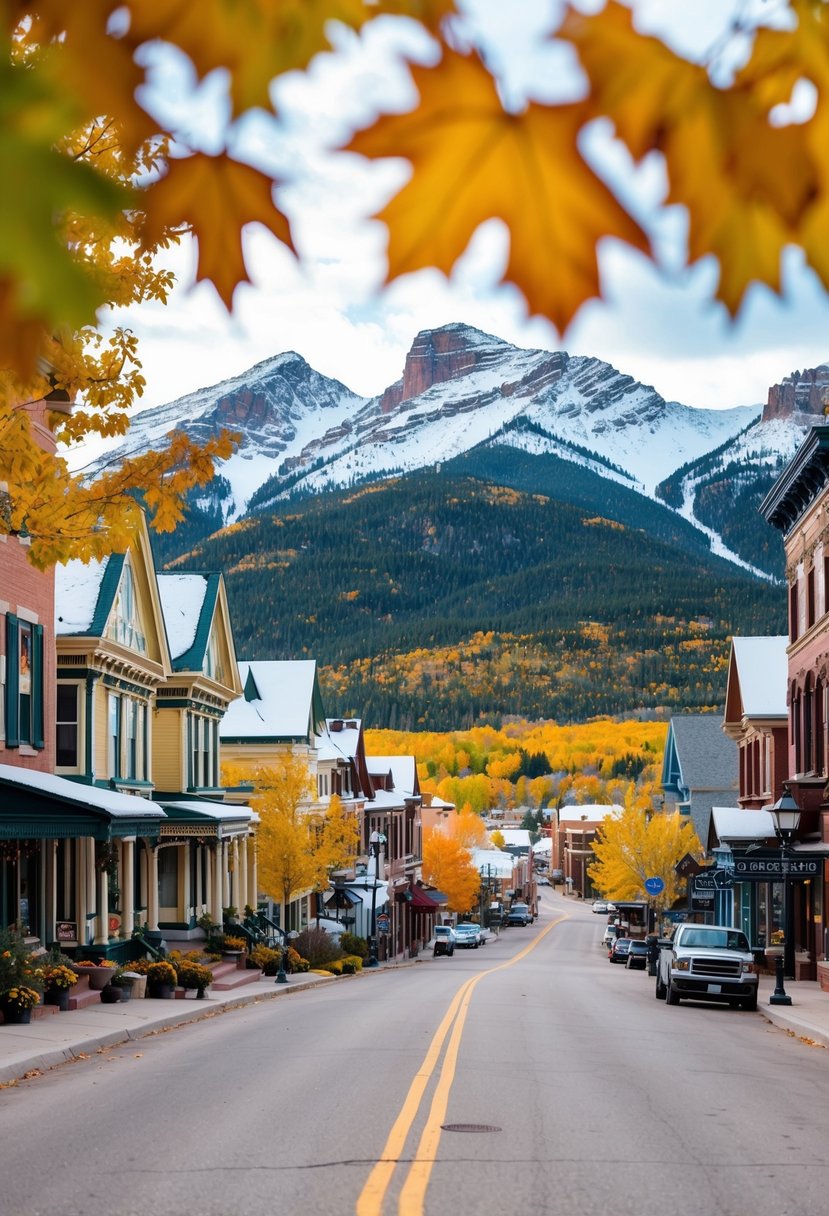 A cozy, quaint town in the Colorado mountains. Victorian-style buildings line the streets, surrounded by vibrant fall foliage and snow-capped peaks
