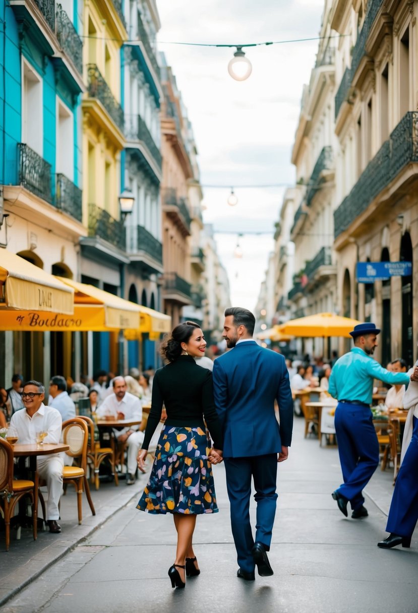 A couple strolling through the colorful streets of Buenos Aires, passing by quaint cafes and lively tango dancers