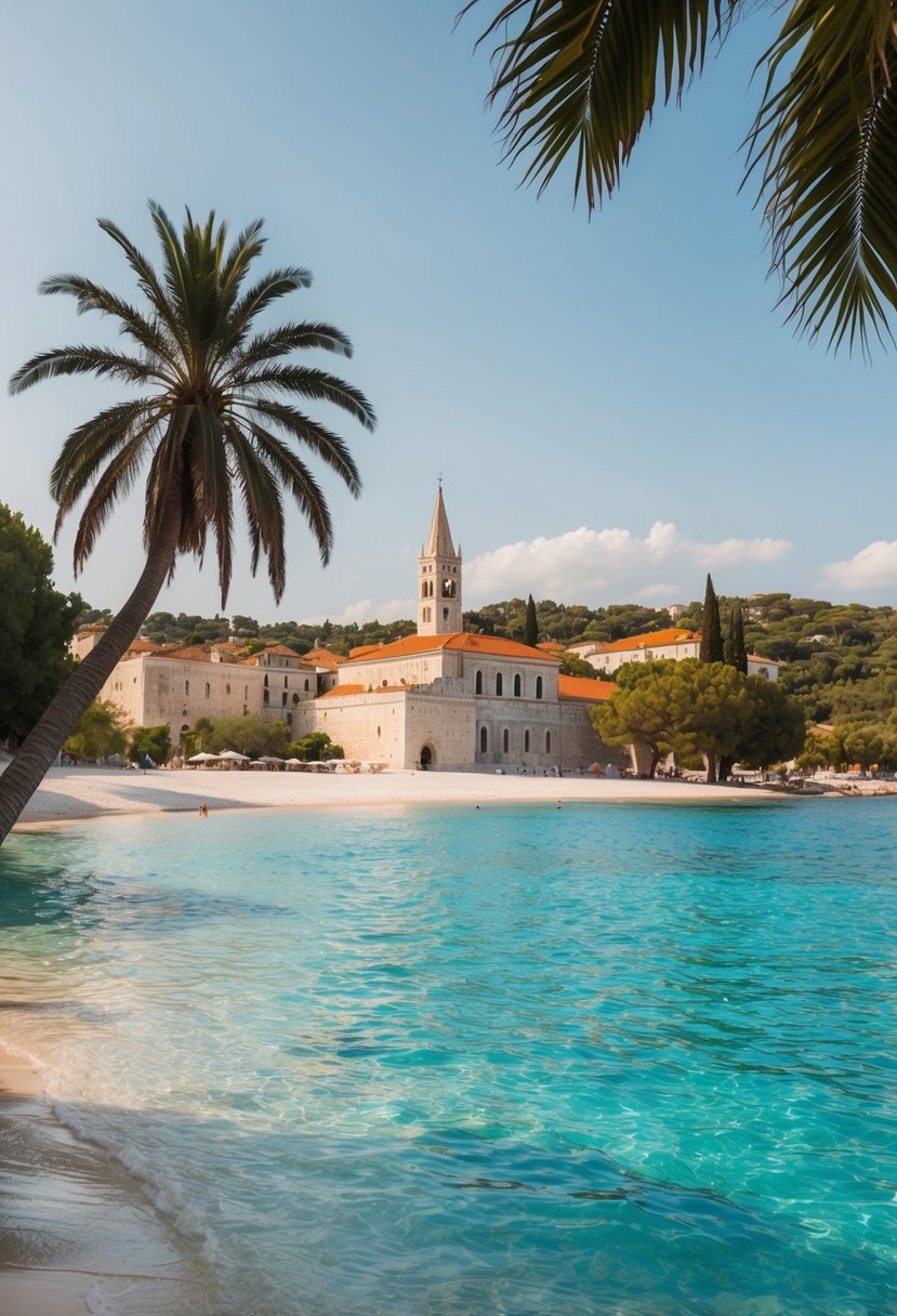 A serene beach with crystal clear waters and a backdrop of historic architecture in Split, Croatia. Palm trees sway in the gentle breeze, creating a perfect setting for a cheap honeymoon destination