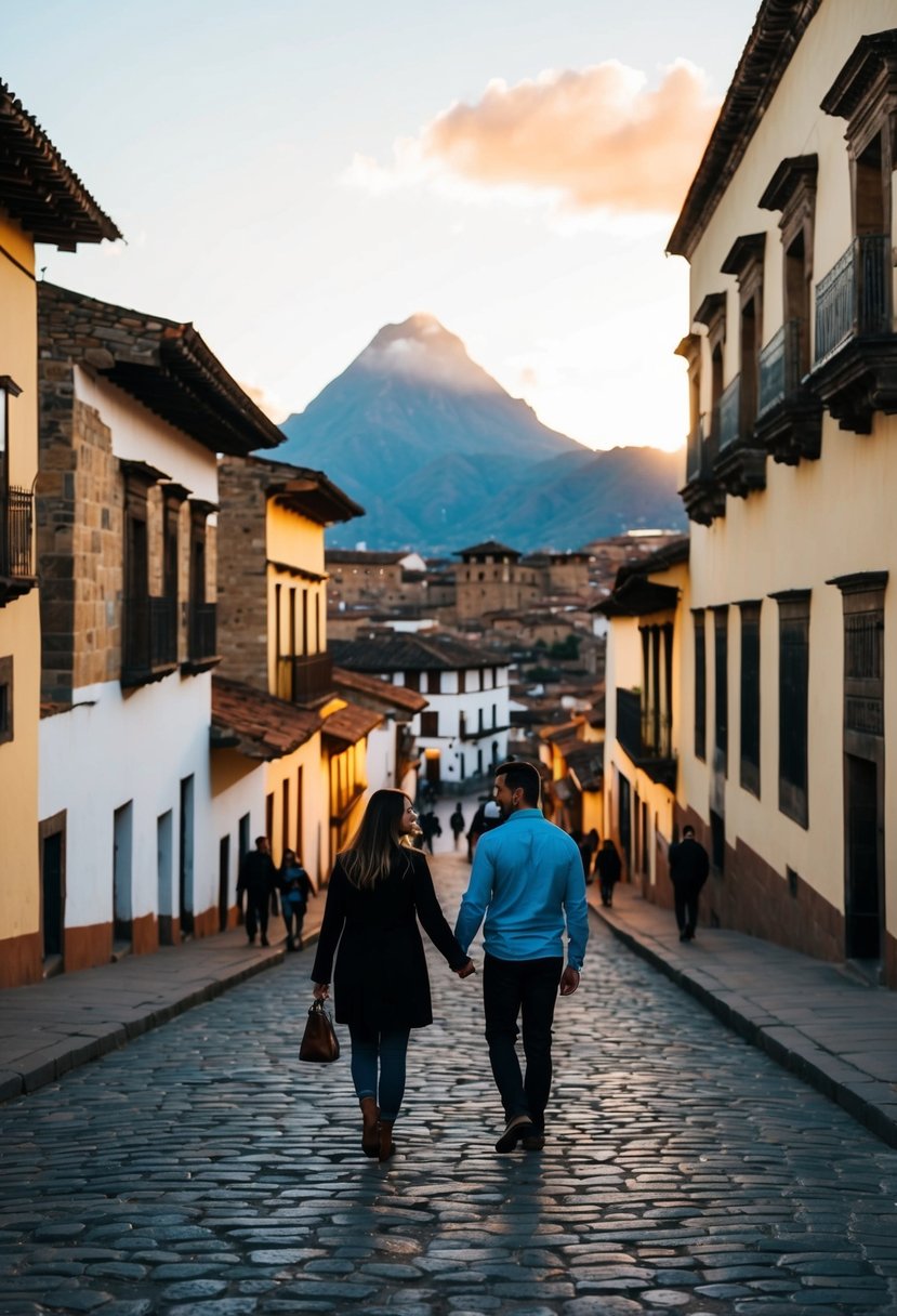The sun sets over the ancient city of Cusco, casting a warm glow over the cobblestone streets and historic buildings. A couple strolls hand in hand, taking in the romantic atmosphere of this cheap honeymoon destination