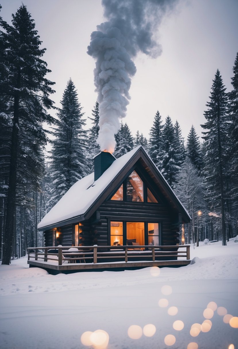 A cozy cabin nestled in a snowy forest, with smoke rising from the chimney and a warm glow emanating from the windows
