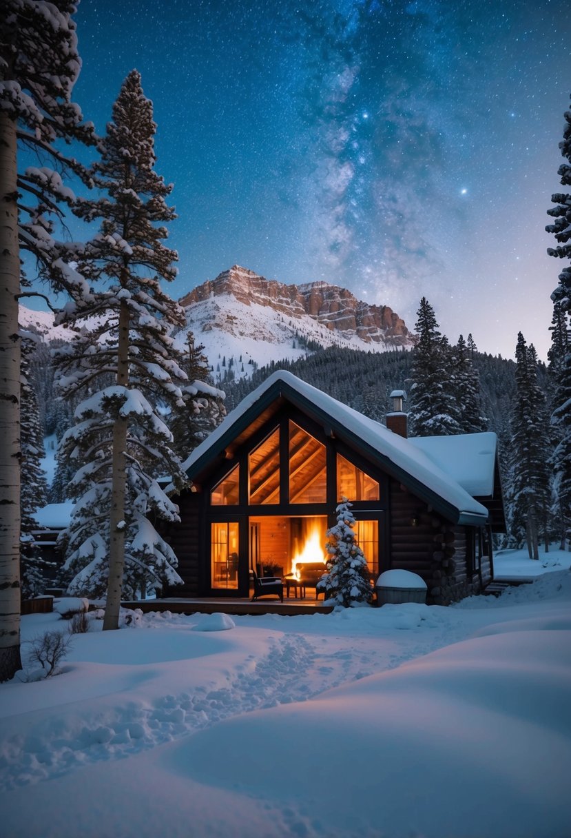 A cozy cabin nestled among snow-covered aspen trees in the Colorado mountains, with a warm fire burning inside and a clear starry sky overhead