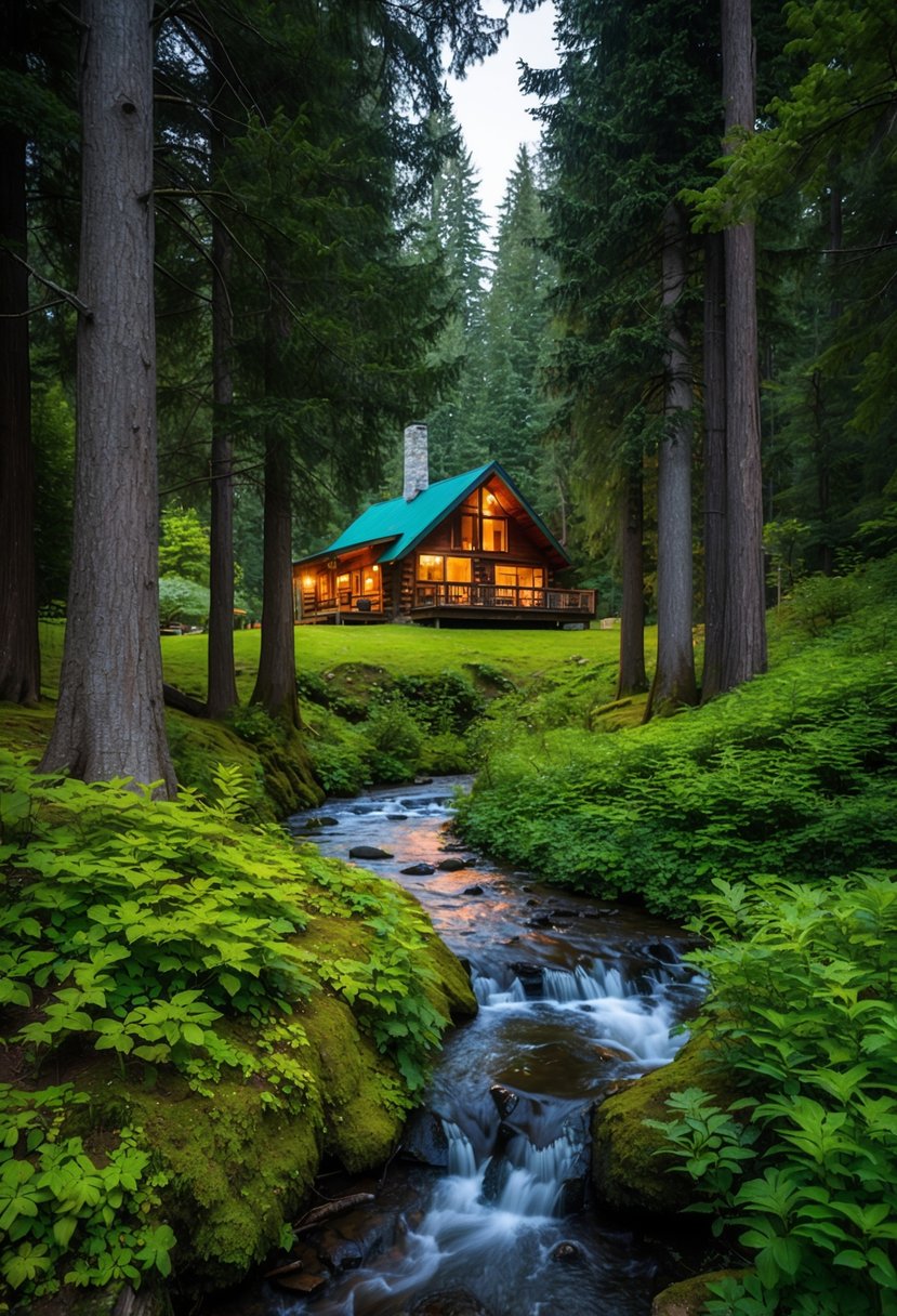 A cozy cabin nestled among tall trees at Treehouse Point, Washington, with a winding stream and lush greenery surrounding it
