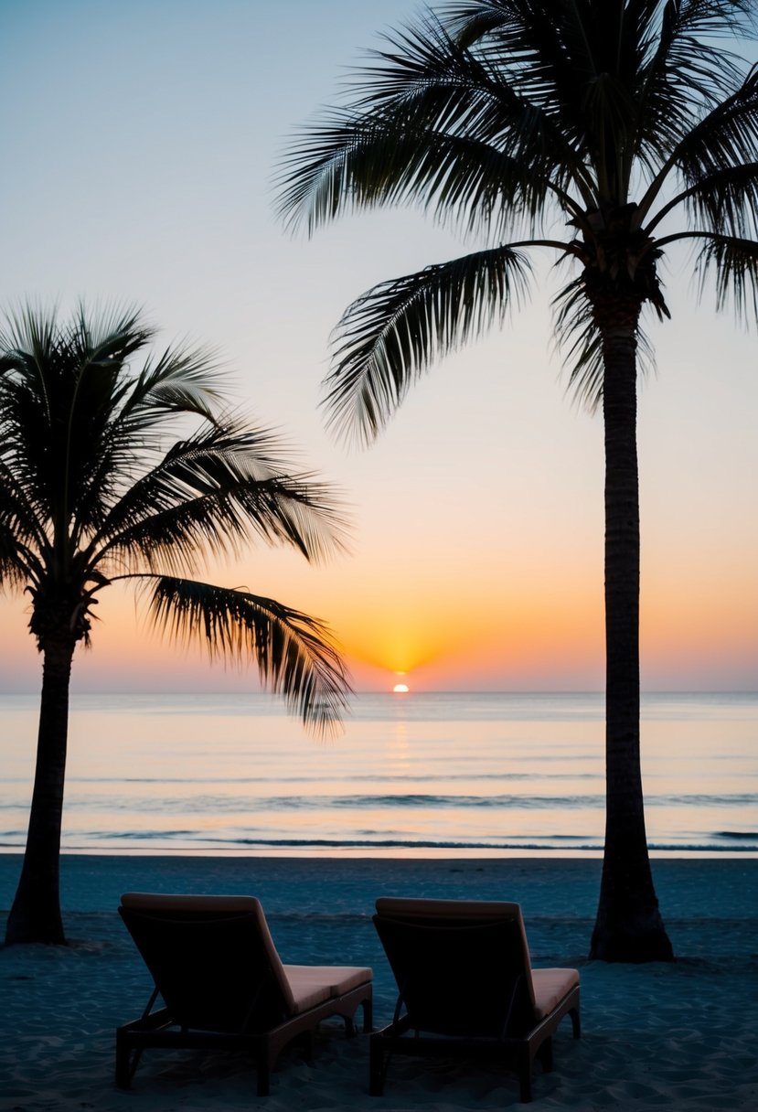 A serene beach at sunset with palm trees, a couple of lounge chairs, and a calm ocean in the background, perfect for a honeymoon in California