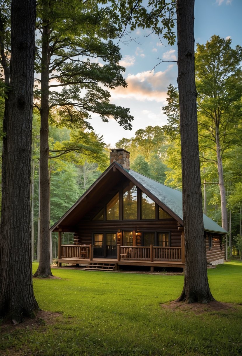 A cozy cabin nestled in the woods at Big Cedar Lodge, Missouri. Surrounded by tall trees and a peaceful atmosphere, perfect for a honeymoon getaway