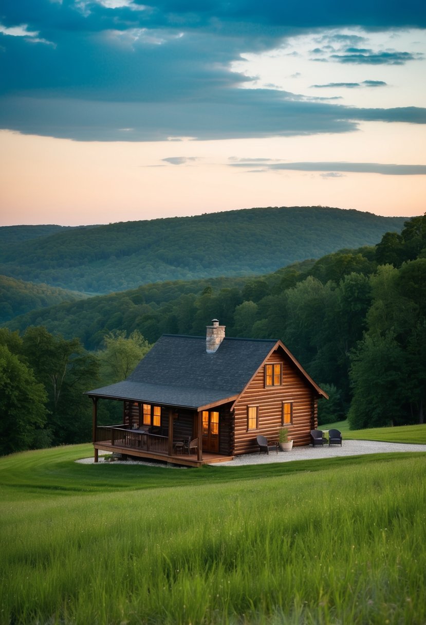 A cozy cabin nestled in the lush forests of Hocking Hills, Ohio, surrounded by rolling hills and a serene atmosphere