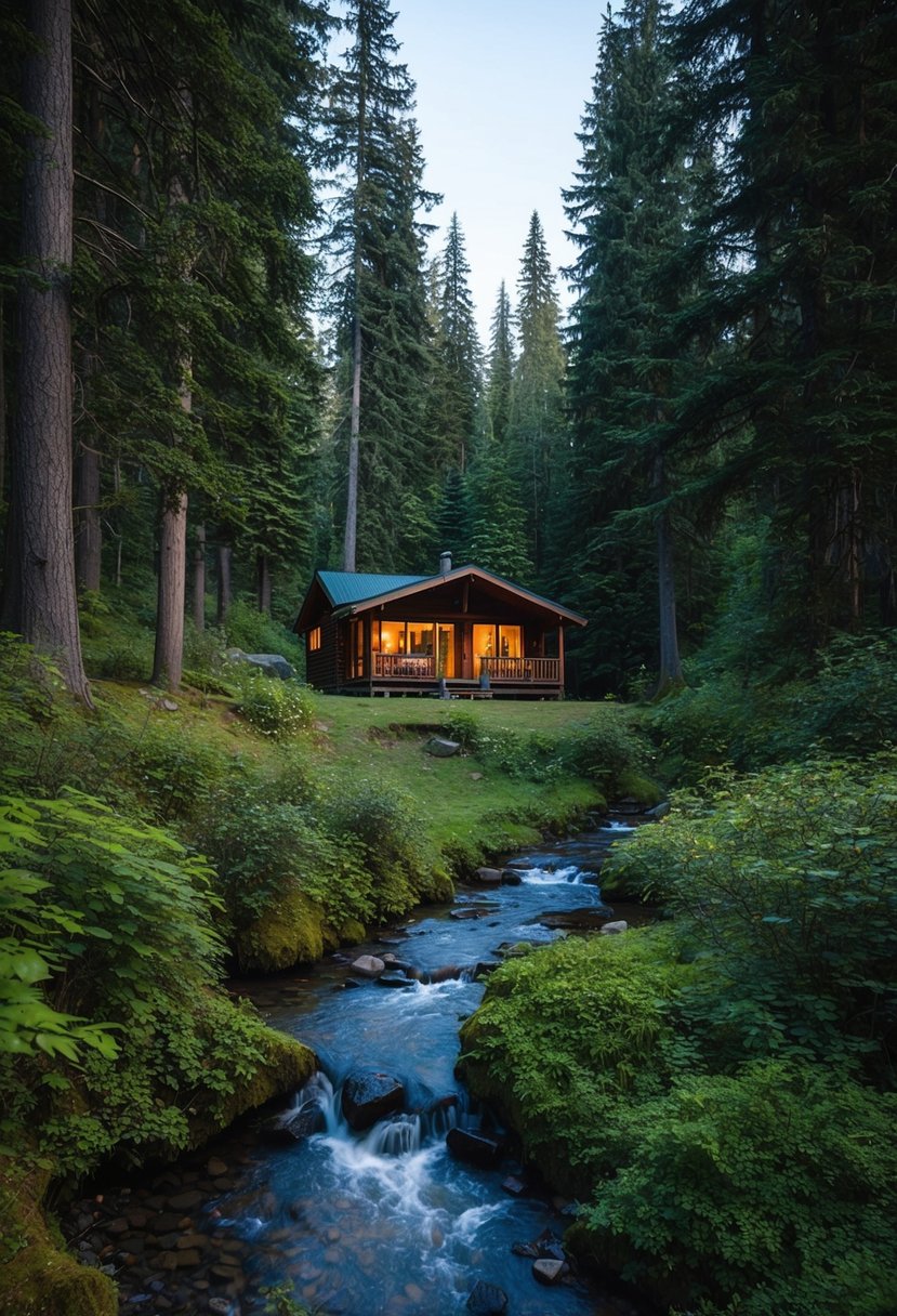 A cozy cabin nestled in the lush forests of British Columbia, surrounded by towering trees and a serene, babbling stream