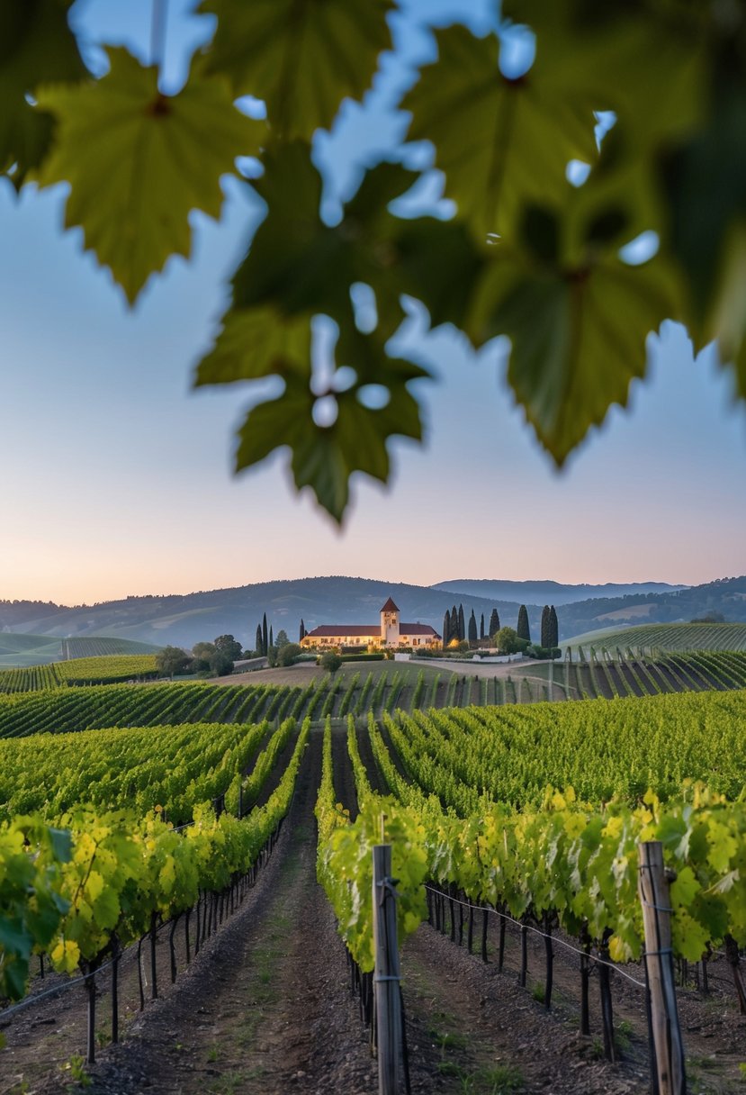 A serene vineyard nestled in the rolling hills of Napa Valley, with rows of lush grapevines and a picturesque winery in the distance