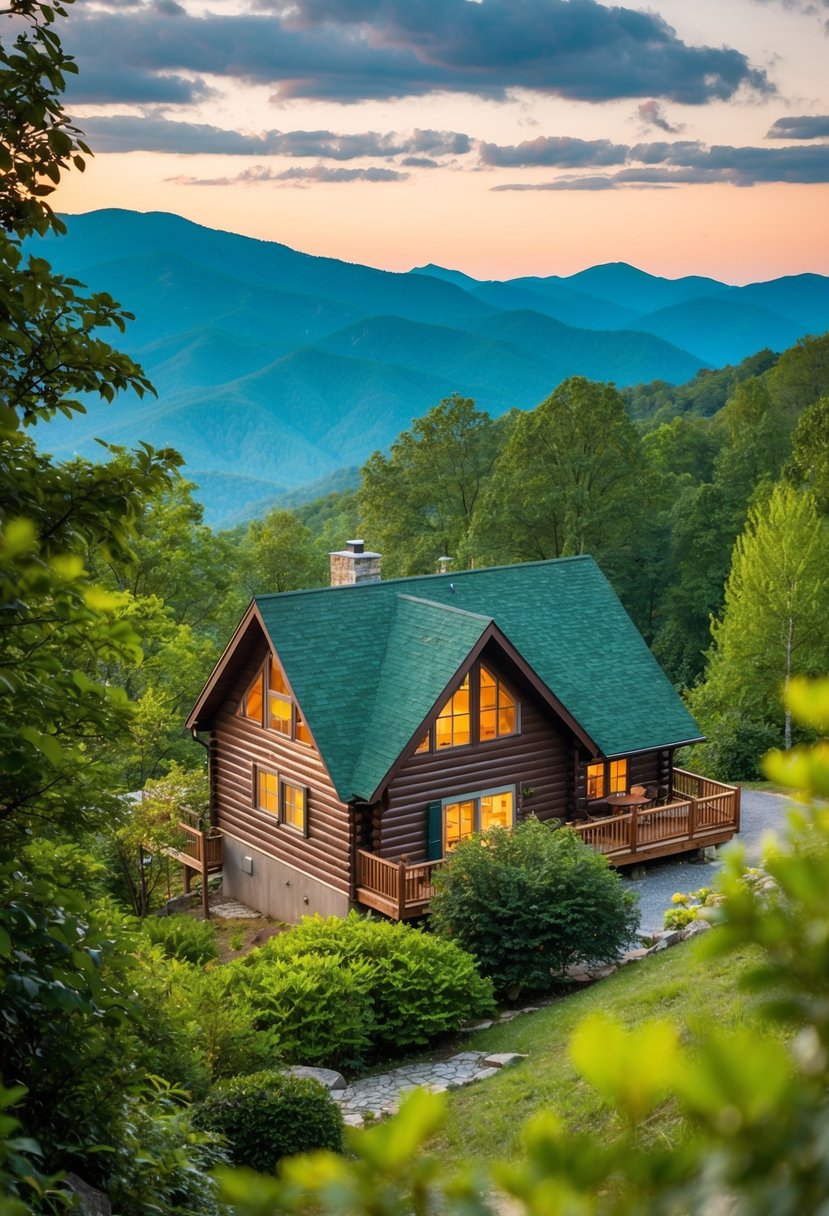 A cozy cabin nestled in the Smoky Mountains, surrounded by lush greenery and a serene atmosphere