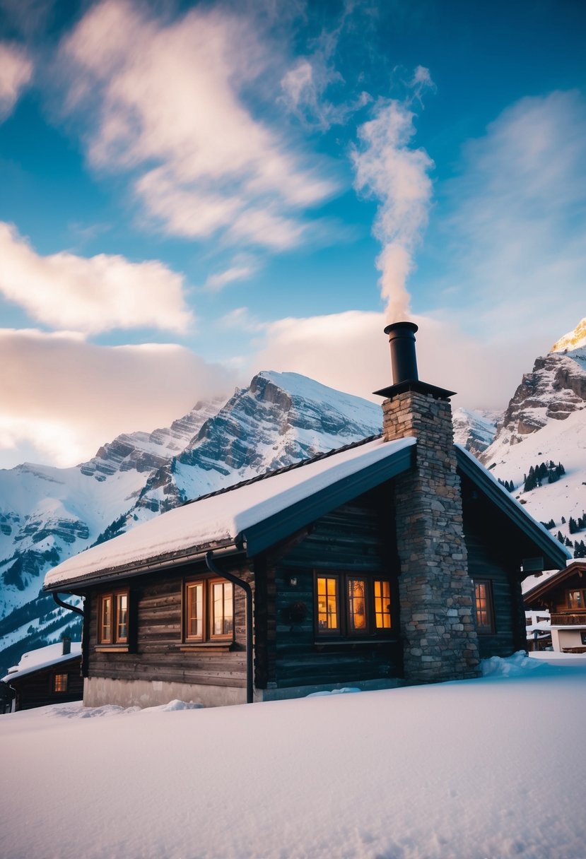A cozy mountain hut nestled among snow-covered peaks, with a smoking chimney and a warm glow emanating from the windows