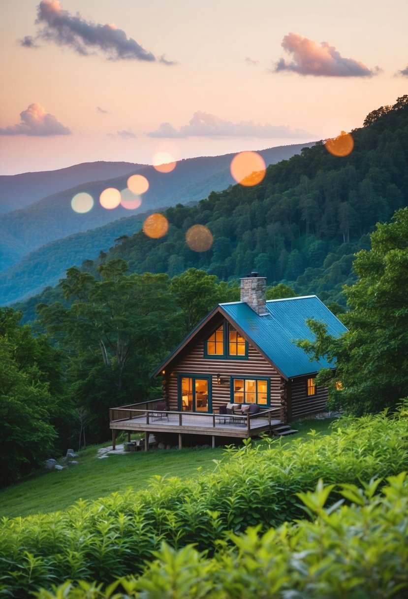 A cozy cabin nestled in the Blue Ridge Mountains, surrounded by lush greenery and a serene atmosphere