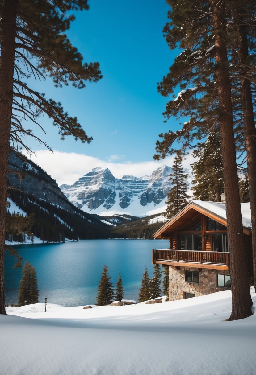 A cozy cabin nestled in the snowy mountains overlooking a pristine lake, surrounded by tall pine trees and a clear blue sky